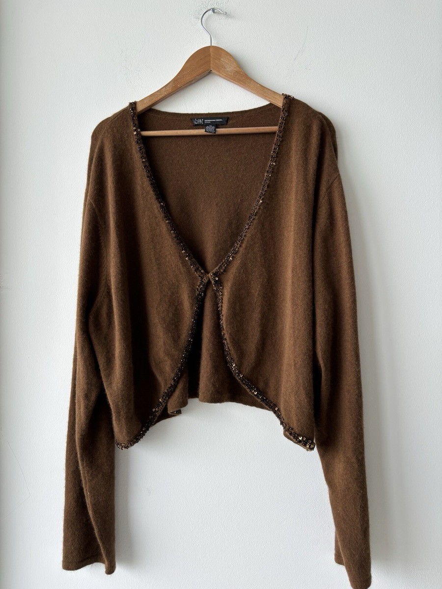 Women’s Angora Knit Cardigan Sweater Beaded Trim Soft Cozy INC Brown Plus 3X
