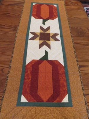 Table Runner Fall Autumn Pumpkin Hand Machine Stitched Orange Brown 21''x52'' New