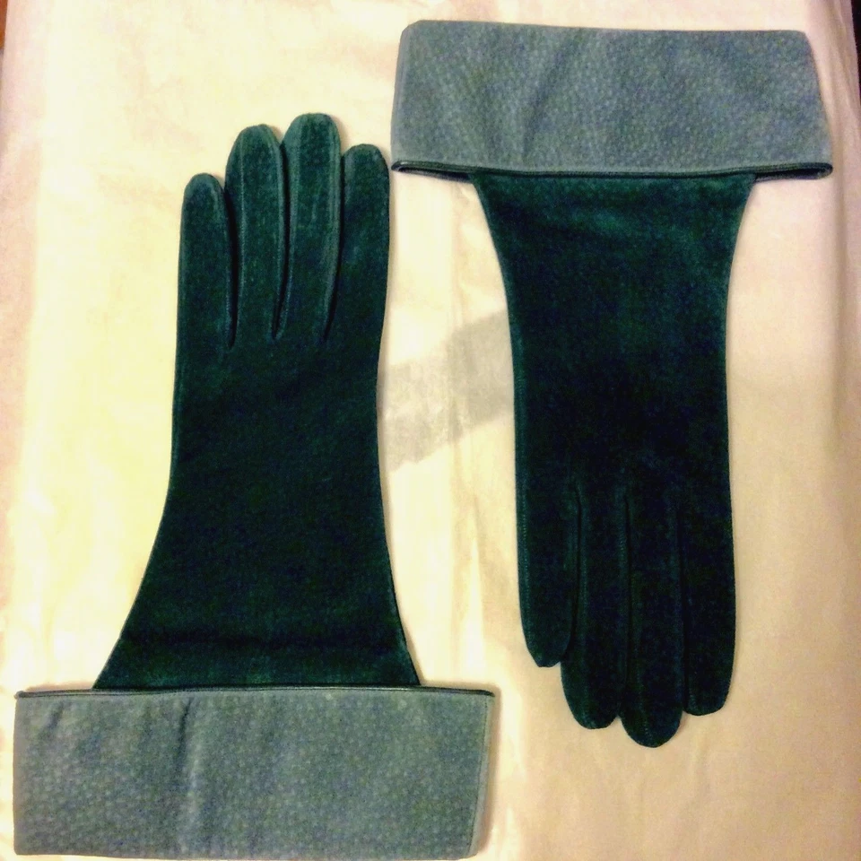 Guantes de colección YSL, Rive Gauche, artículo de coleccionista en gamuza verde y azul, 7,5  Foto 4 de 4