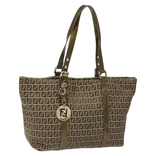 FENDI Zucchino Canvas Tote Bag Beige Gold Auth hk2114