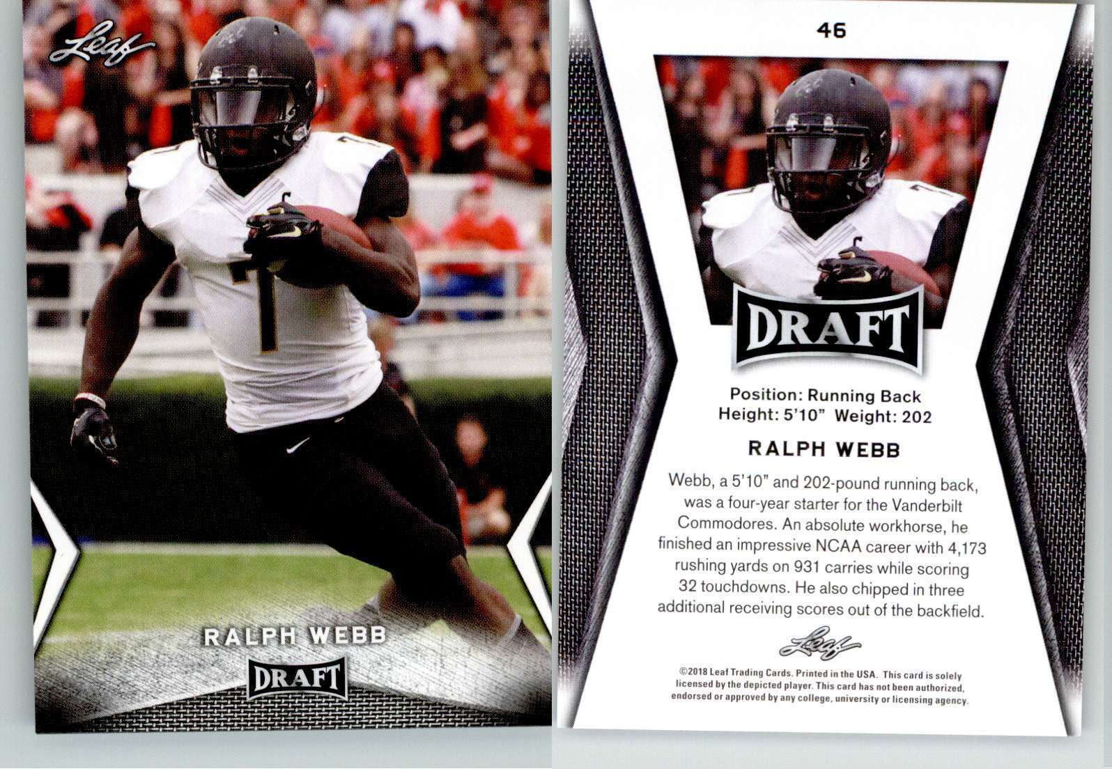 Ralph Webb 2018 Leaf Draft #46 Vanderbilt Patriots RC Rookie