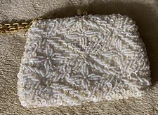 Hand Made in Hong Kong 5 X 4 Vintage Ivory Beaded and Sequin Evening Bag Purse