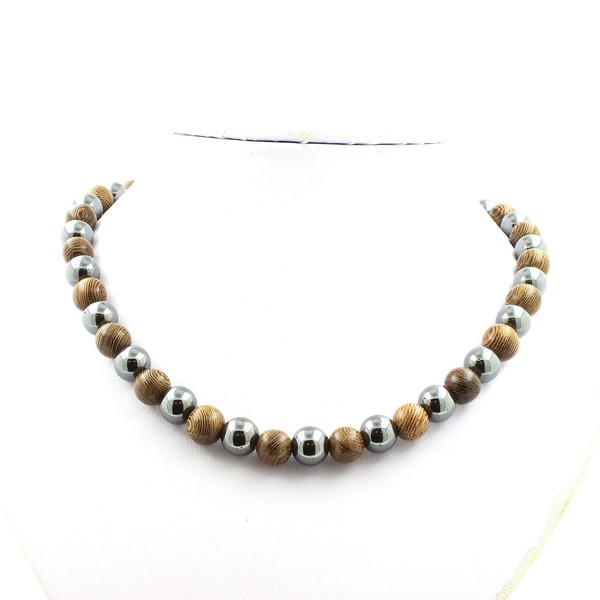 Steine Und MinéRaux. Halskette Perlen HäMatit + Holz 8 Mm Kette Stahl GefräSt-image