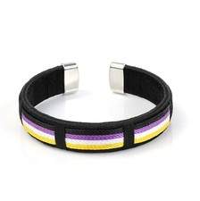 Unisex Non Binary Pride Rainbow Stripe Black Cuff Silicone Bracelet Brand New