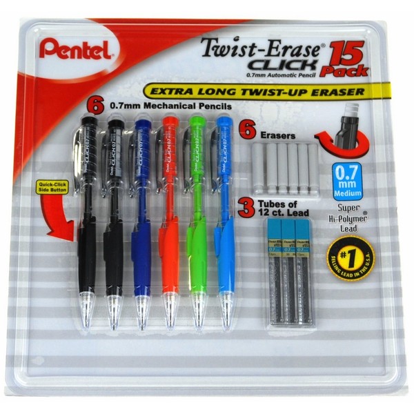 Pentel Twisterase Click Mechanical Pencil Set 6 Pencils Extra Erasers