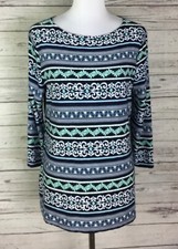 Croft & Barrow Women's Blue Floral Striped 3/4 Sleeve Stretch Knit Top Size M