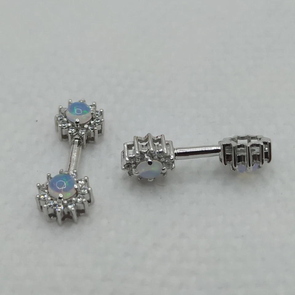 Piercing corporal de pezón de ópalo creado en laboratorio de 3 quilates, barra chapada en oro blanco de 14 quilates Foto 4 de 4