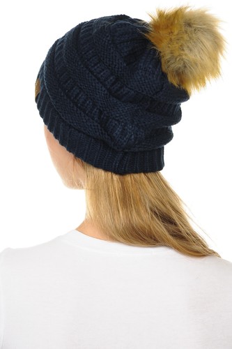 C.C Hat-43 Thick Warm Cap Hat Skully Faux Fur Pom Pom Cable Knit Beanie - Picture 127 of 166