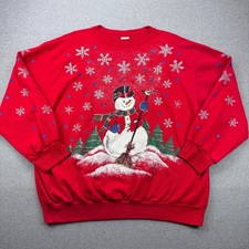 Vintage 90s Holiday Time Christmas Sweatshirt Womens XL Red Snowman Ugly USA