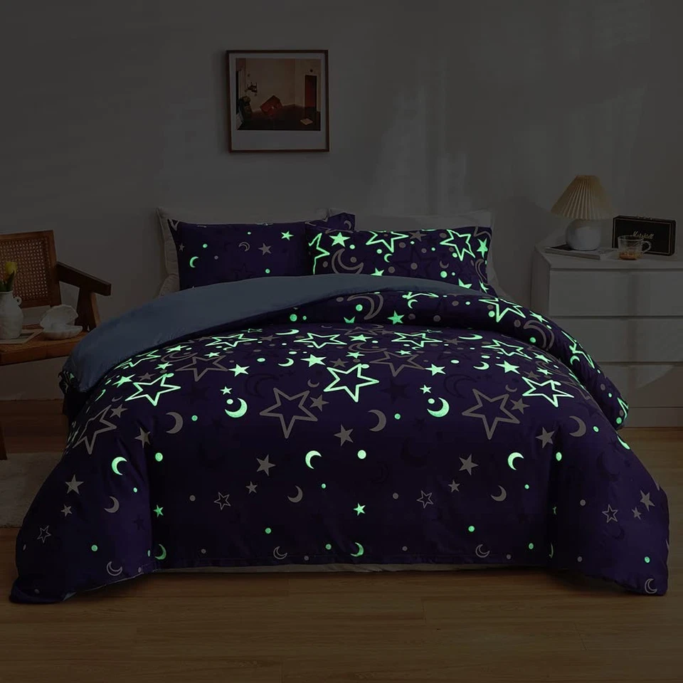Juego de edredón Galaxy Glow in The Dark para niñas niños Queen Purple Universe St... Foto 2 de 4