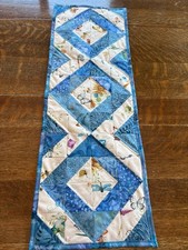 Marine Blue Aqua Cream Spring Summer Floral Quilted Table Runner Handmade