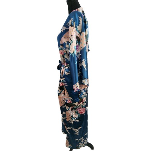Old Shanghai Belted Kimono Robe Peacock Emerald Cherry Blossom Silk Feel Green - Picture 3 of 14