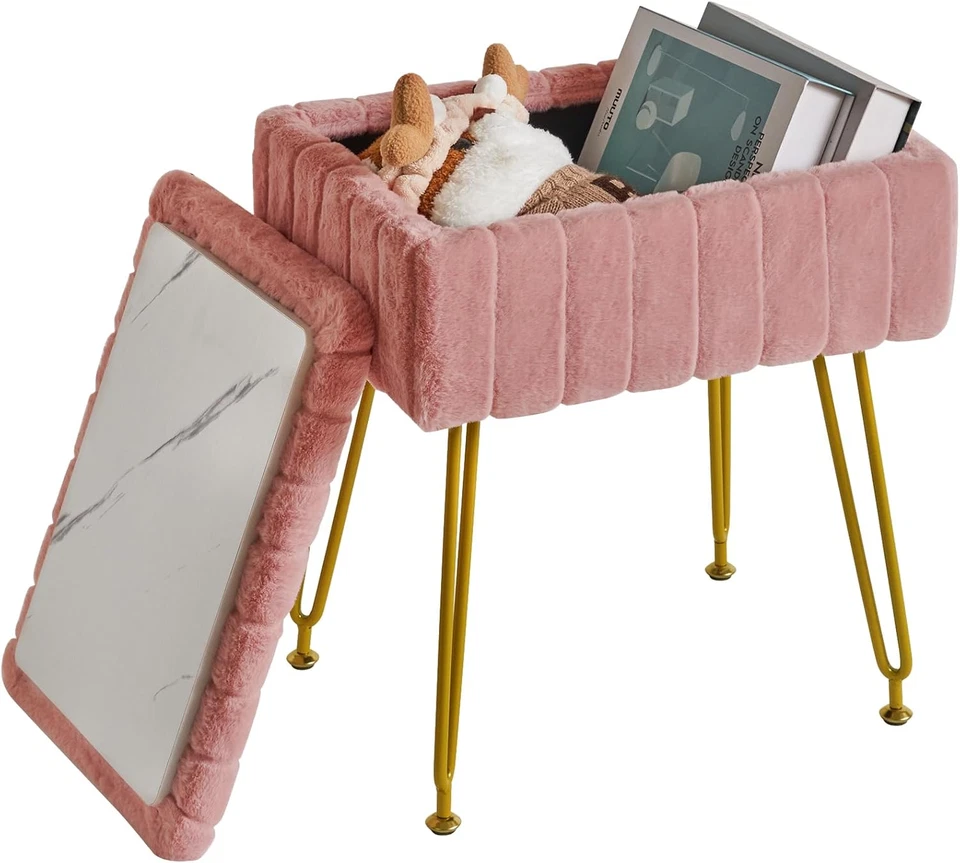 Stool Chair with Storage Space, Footstool Ottoman, Small Side Table 4 Metal Legs - Image 4 of 4