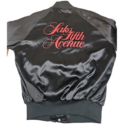 Vintage 80s Saks Fifth Avenue Black Satin Bomber Jacket Mock Neck Mens Medium 