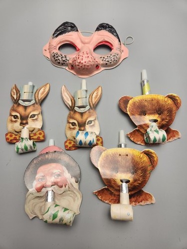 Vintage 1980 Shackman Hong Kong Character Noisemakers & Mask Party Blowouts Lot
