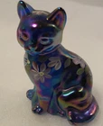 Fenton Purple Blue Iridescent Carnival Glass Cat Figure Hand Painted Flower 3.5"