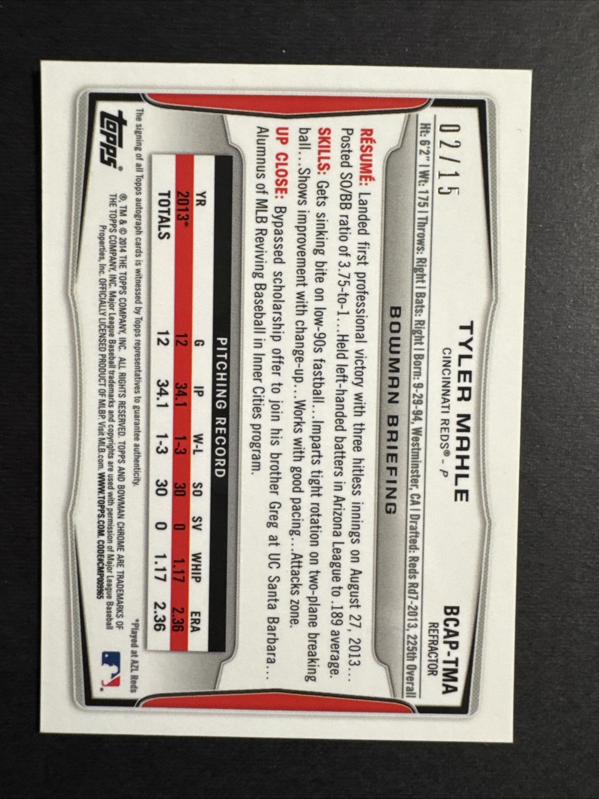 2014 Bowman Chrome Baseball Tyler Mahle 1st Bowman AUTO GREEN 2/15 - Reds  view 2
