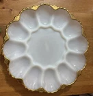 Vintage Anchor Hocking Fire King Milk Glass Deviled Egg Plate Dish 22K Gold Trim