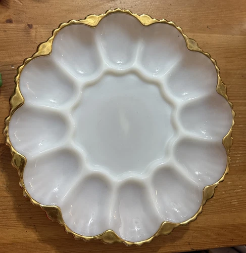 Vintage Anchor Hocking Fire King Milk Glass Deviled Egg Plate Dish 22K Gold Trim