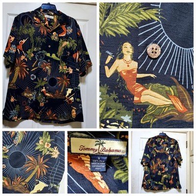 Tommy Bahama Shirt Men Small Black Silk Hawaiian Casino Hula Tiki Graphic Looped