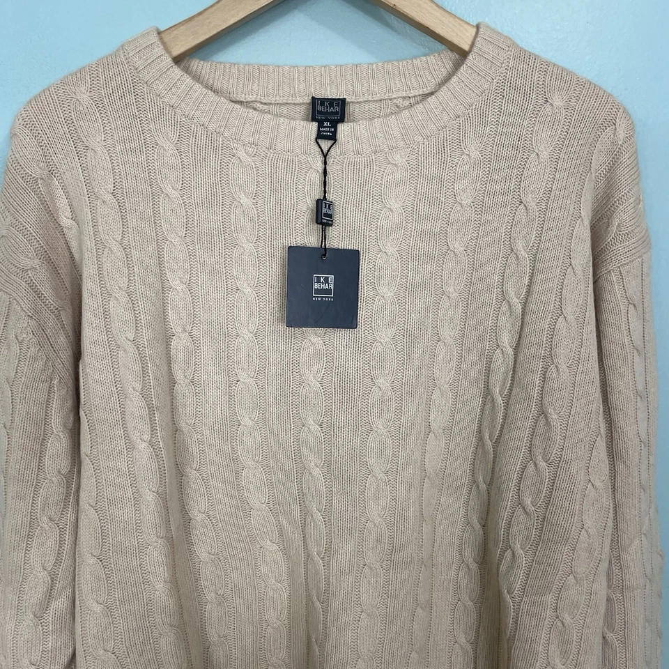 IKE BEHAR New York Cable Knit Pullover Cashmere Sweater Men’s XL Cream Crew - Image 2 of 4