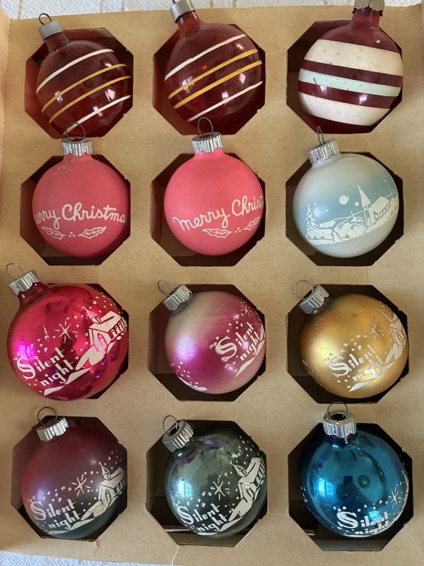 12 Vintage  Mercury Glass Christmas Ornaments in Box Shiny Brite Mixed Lot USA