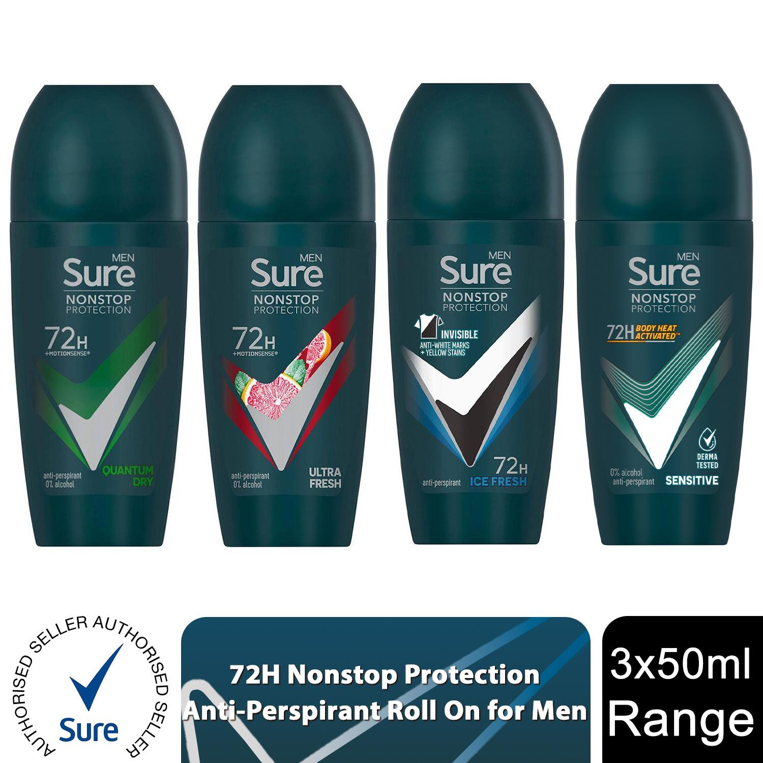 Sure Men Antiperspirant Deodorant Roll On 72H Nonstop Protection 50ml, 3 Pack