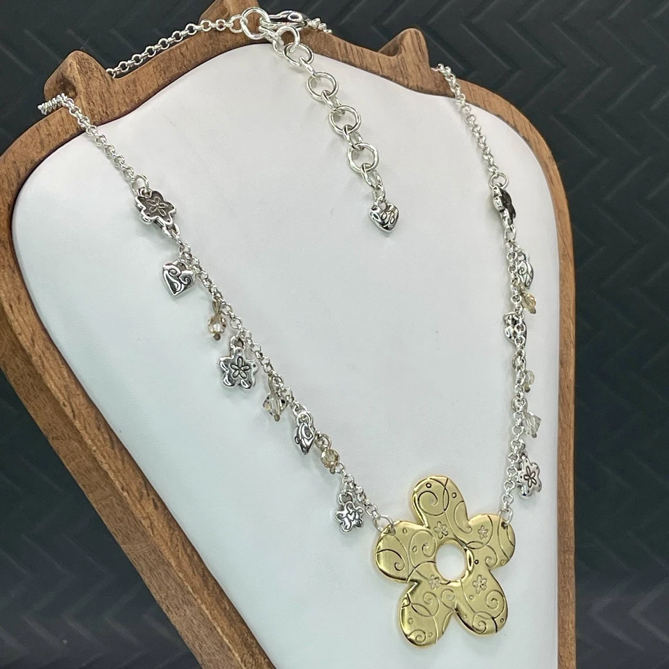 Brighton Golden Poppy Flower Pendant Necklace Mixed Metals Charms 16–18” - Image 2 of 4