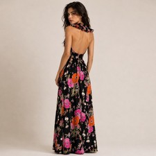 Vintage 70s Psychedelic Floral Ruffle Halter Maxi Dress Small