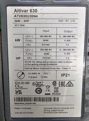 Schneider ATV630U30N4 Variable Frequency Drive, 480V, 4 HP Max Output, Used