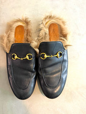 Gucci Princetown Black Leather Fur-Lined Slip On Mule Slippers US 9