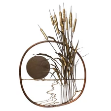 MCM Cattails Wall Sculpture Brutalist Vintage 34 Inch Large Art Copper Brass