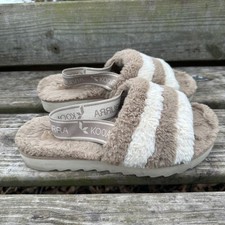 Koolaburra by UGG Fuzz'n II Striped Faux Fur Slingback Slippers Tan White Size 9