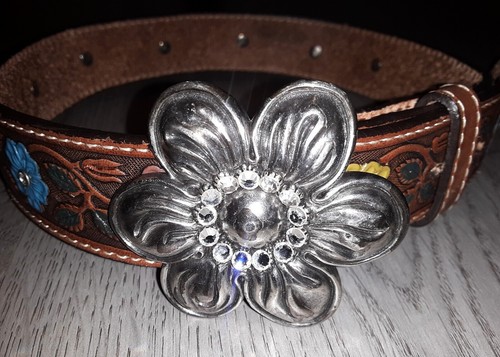 Nocona Genuine Leather Western Belt Girls Kids Size 20 Rhinestone Bling Flowers - Picture 2 of 12