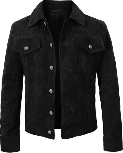 Mens Black Suede Leather Trucker Jacket Classic Motorcycle Bomber Western Jacket - Picture 6 of 8