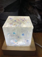 Unique Resin Cube lamp  Wooden Base Milky Swirl And Holographic Flakes