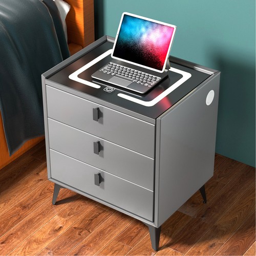 LED Bedside Table Wireless Charging Side Cabinet Nightstand with 3 Drawers Gray - Picture 5 of 15