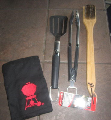 Weber 2-Piece Premium Tool Set Spatula Tongs w/1 Weber Grill Brushes & APRON