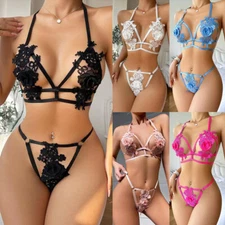 Women Lace Sexy Lingerie Sleepwear Underwear Nightwear Babydoll Bra Thong Set