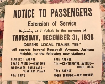 Reproduction NY Subway Notice Regarding Opening of the Queens Extension 12/31/36