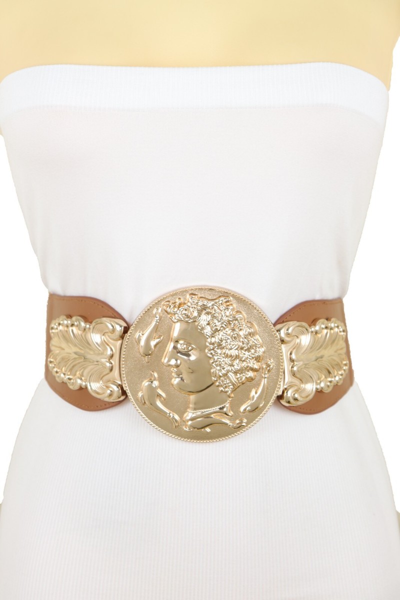 Women Brown Wide Elastic Fashion Belt Hip Waist Gold Metal  display picture 1