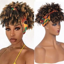 Afro Kinky Curly Hair Wrap Wigs with Bangs for Black Women Headband Wigs