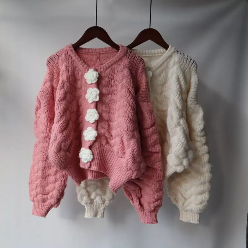 Lady Knit Cardigan Sweater Chic Floral Button Knitwear Jacket Top Cute Soft Warm