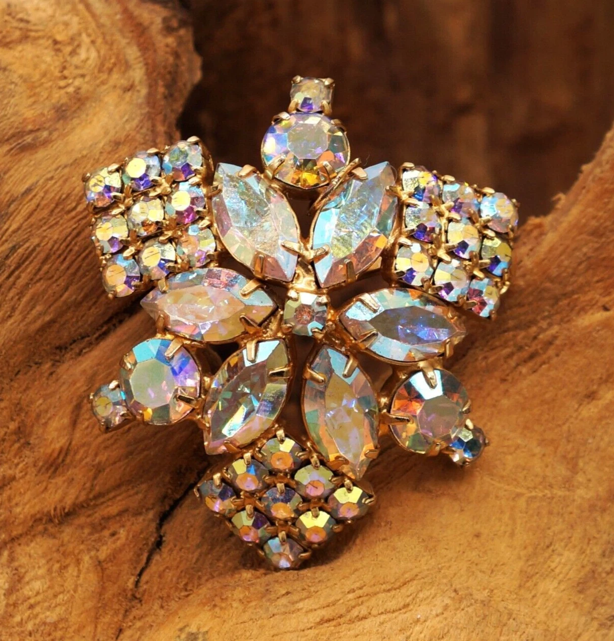 Unique Design Vintage Aurora Borealis Crystal Marquis and Round Cut Glass Brooch