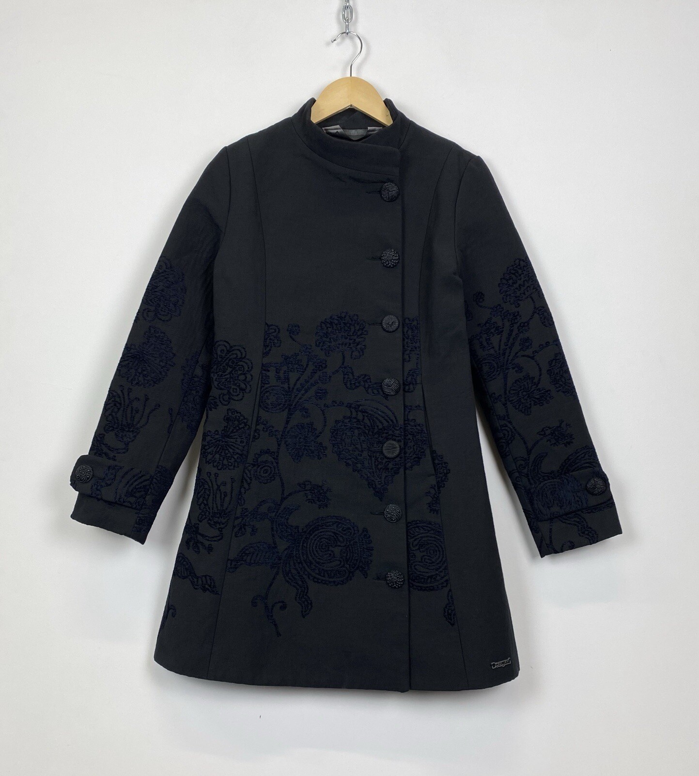 Vintage Desigual Floral Trench Coat Size 40 Black Y2K Logo Women’s Jacket