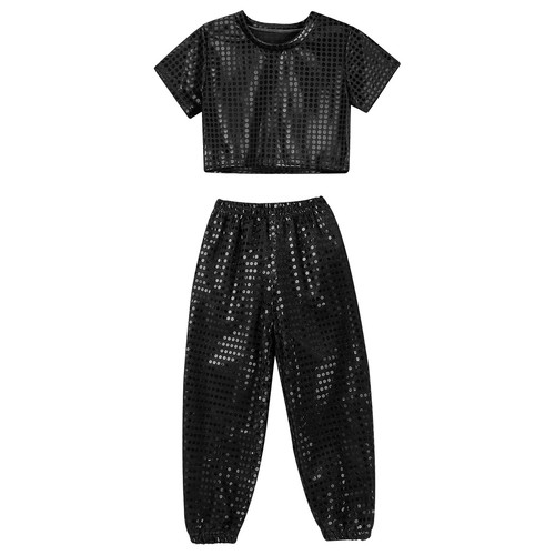 Girls Sequins Dance Crop Top Pants Set Hip Hop Jazz Disco Performance Costume - Picture 5 of 63