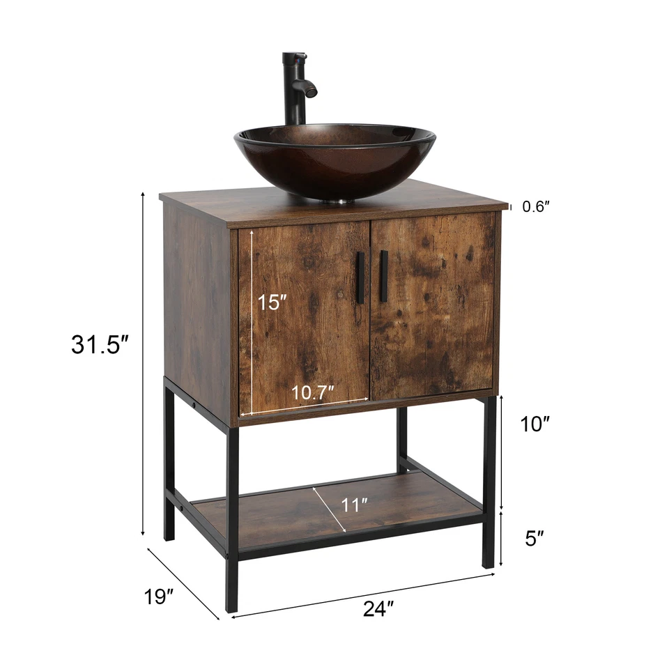 Juego de tocador de baño moderno de 24" con lavabo de vidrio templado marrón Foto 2 de 4