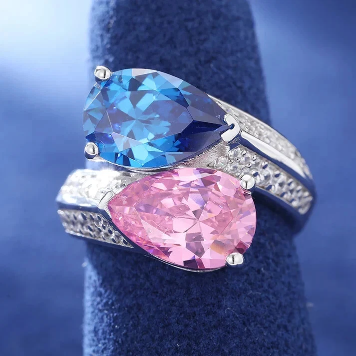 5Ct Pear Simulated Blue & Pink Sapphire/CZ Bypass Women Ring 14k White Gold Over - Image 2 of 4