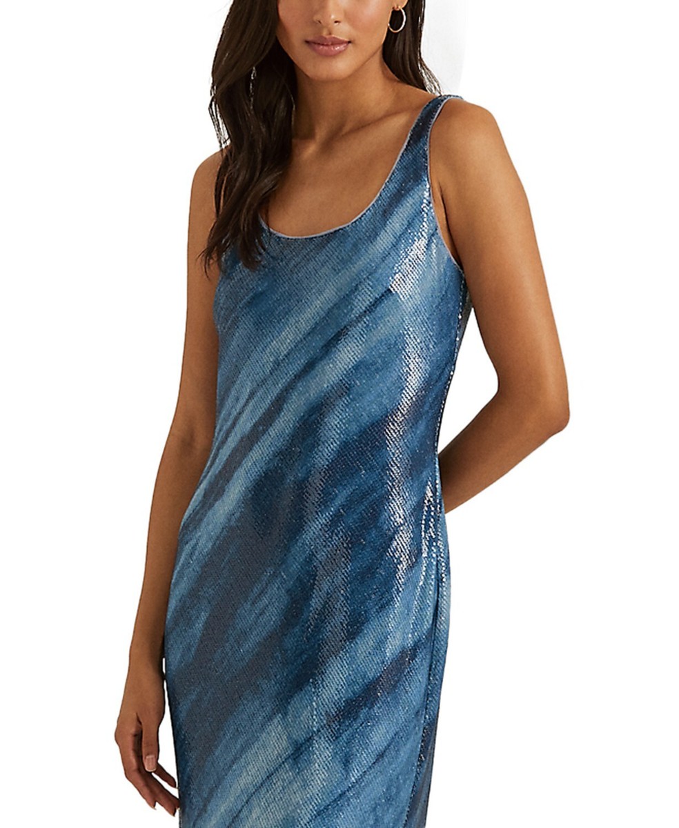 ralph lauren blue sequin dress Lauren Ralph Lauren Sleeveless Scoop Neck Printed Sequin Open Back Detail Column Gown, Womens, 8, Blue/Navy