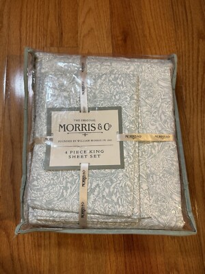 William Morris & Co 4 Pc KING Sheet Set Sage Green White Floral 100% Cotton